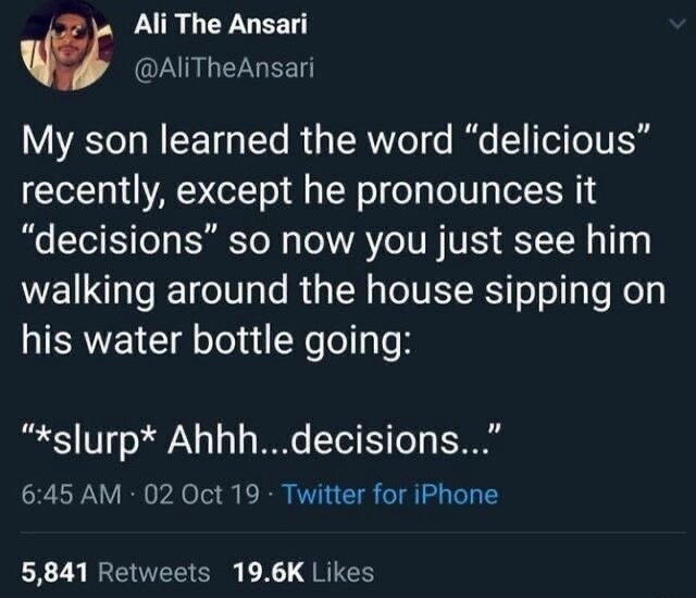 Ali The Ansari @AliTheAnsari My son learned the word “delicious” recently, except he pronounces it “decisions” so now you just see him walking around the house sipping on his water bottle going: '*slurp* Ahhh...decisions...'