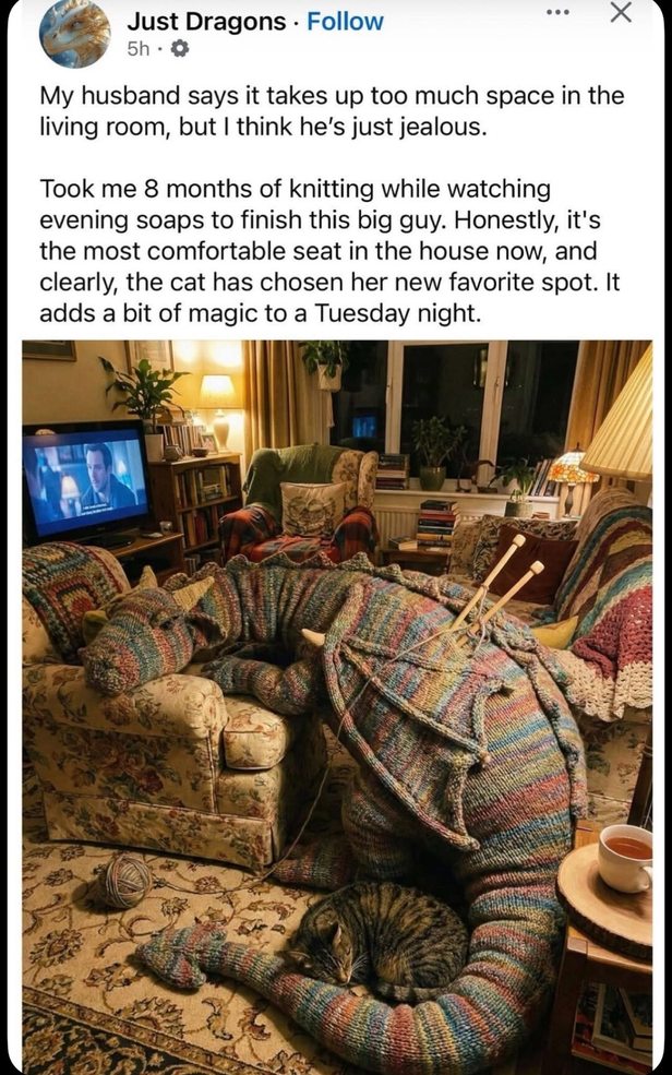 My husband says it takes up too much space in the living room, but I think he's just jealous. Took me 8 months of knitting while watching evening soaps to finish this big guy. Honestly, it's the most comfortable seat in the house now, and clearly, the cat has chosen her new favorite spot. It adds a bit of magic to a Tuesday night.