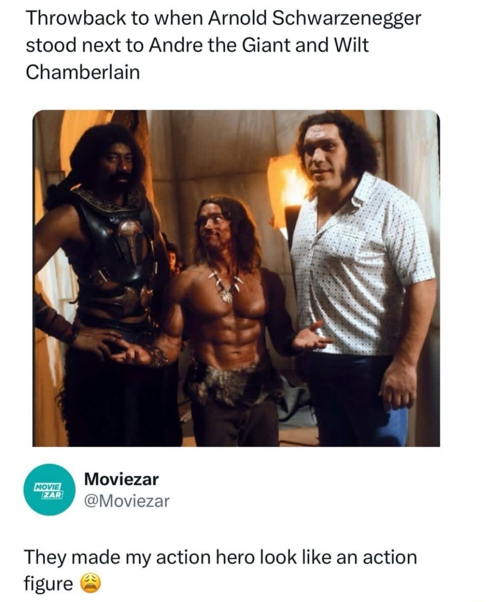 Throwback to when Arnold Schwarzenegger stood next to Andre the Giant and Wilt Chamberlain

They made my action hero look like an action figure 😩