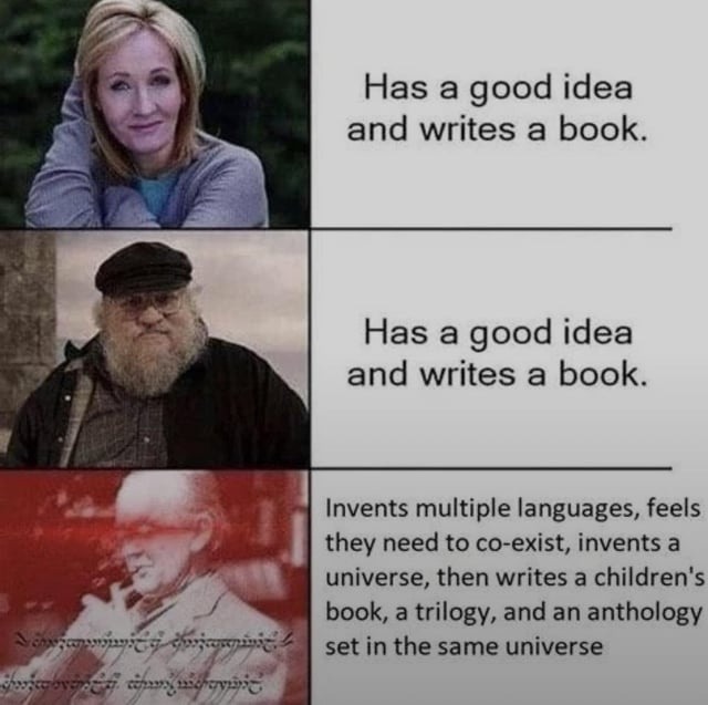 Has a good idea and writes a book. Has a good idea and writes a book. Invents multiple languages, feels they need to co-exist, invents a universe, then writes a children's book, a trilogy, and an anthology set in the same universe