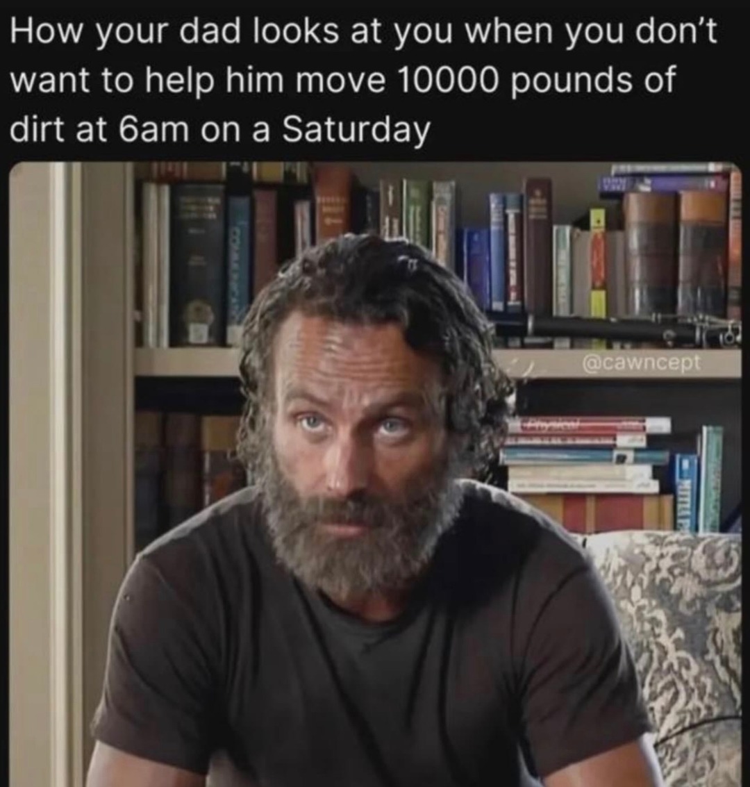 How your dad looks at you when you don’t want to help him move 10000 pounds of dirt at 6am on a Saturday