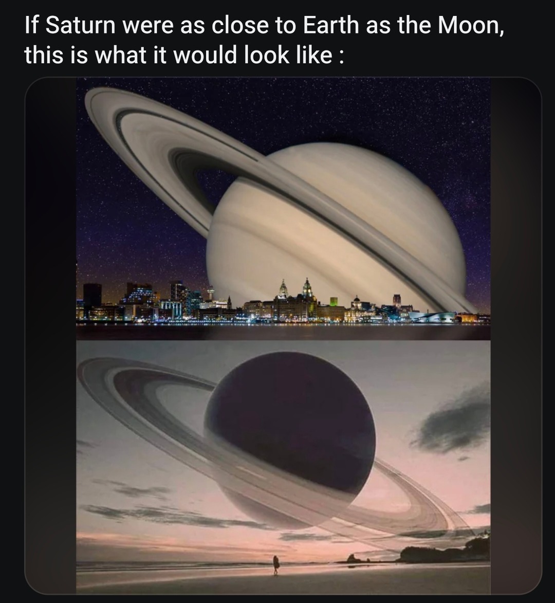 If Saturn were as close to Earth as the Moon, this is what it would look like :