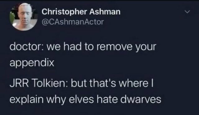 doctor: we had to remove your appendix JRRTolkien: but that's where I explain why elves hate dwarves