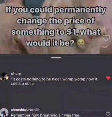 If you could permanently change the price of something to $1, what would it be?

It costs nothing to be nice