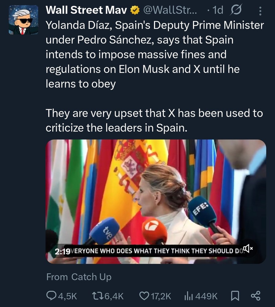 Yolanda Díaz, Spain's Deputy Prime Minister under Pedro Sánchez, says that Spain intends to impose massive fines and regulations on Elon Musk and X until he learns to obey. They are very upset that X has been used to criticize the leaders in Spain.