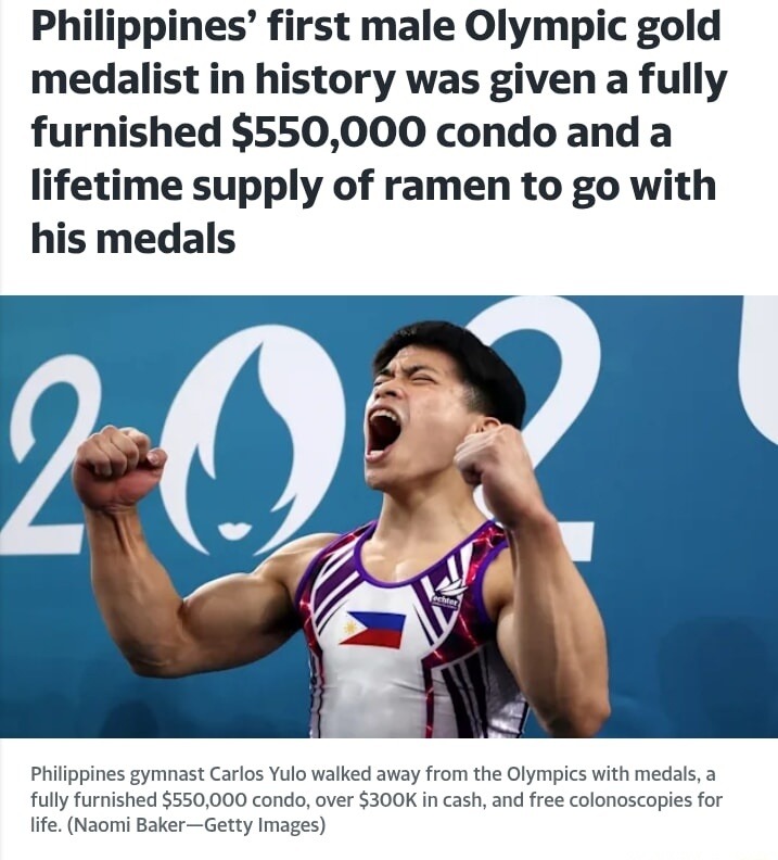Philippines’ first male Olympic gold medalist in history was given a fully furnished $550,000 condo and a lifetime supply of ramen to go with his medals