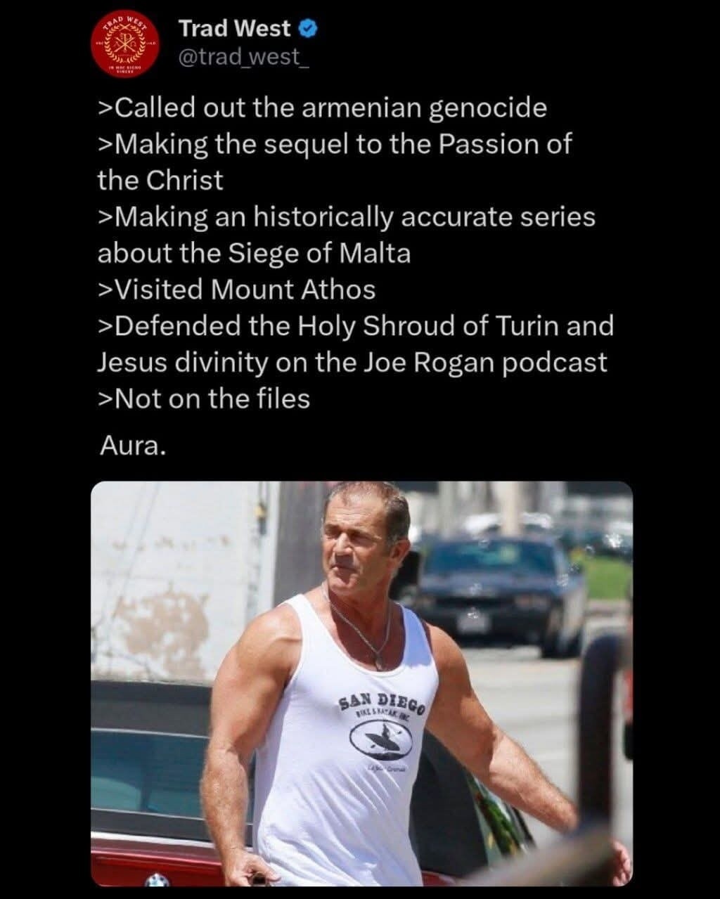 >Called out the armenian genocide
>Making the sequel to the Passion of
the Christ
>Making an historically accurate series
about the Siege of Malta
>Visited Mount Athos
>Defended the Holy Shroud of Turin and
Jesus divinity on the Joe Rogan podcast
>Not on the files
Aura.