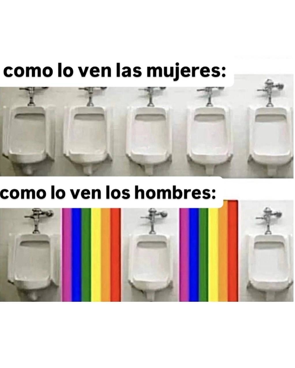 como lo ven las mujeres:
[imagen de urinarios] 
como lo ven los hombres:
[urinarios con rayas de colores del arcoíris]