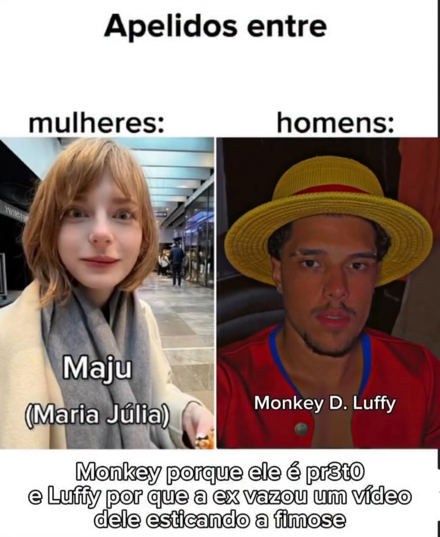 Apelidos entre mulheres: Maju (Maria Julia)     homens: Monkey D. Luffy     Monkey porque ele é primo e Luffy por que a ex vazou um vídeo dele esticando a fimose