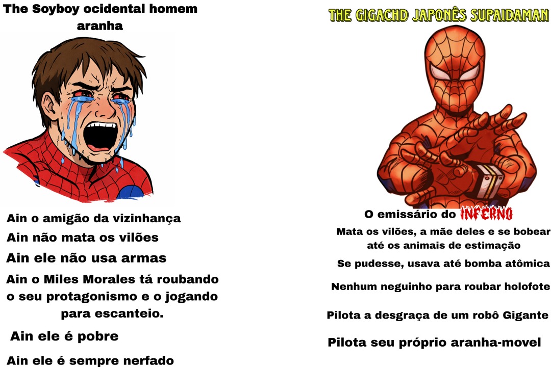 The Soyboy ocidental homem aranha\nAin o amigão da vizinhança\nAin não mata os vilões\nAin ele não usa armas\nAin o Miles Morales tá roubando o seu protagonismo e o jogando para escanteio.\nAin ele é pobre\nAin ele é sempre nerfado\nThe Gigachad Japonês Supaiman\nO emissário do INCRN? Mata os vilões, a mãe deles é bobe... até os animais de estimaçã