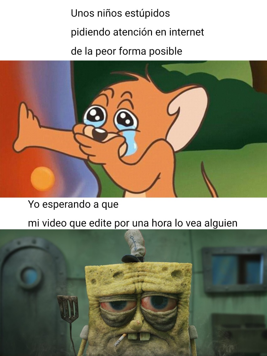Unos niños estúpidos
pidiendo atención en internet
de la peor forma posible

Yo esperando a que mi video que edite por una hora lo vea alguien