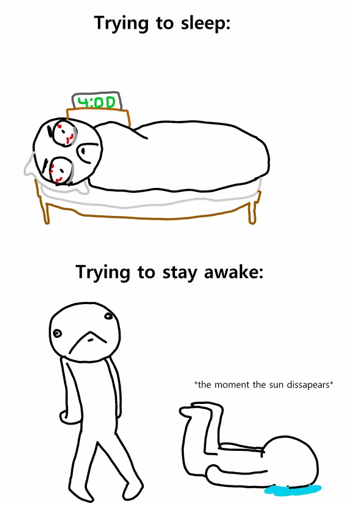 Trying to sleep:

Trying to stay awake:

*the moment the sun disappears*