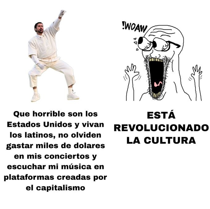 Que horrible son los Estados Unidos y vivan los latinos, no olviden gastar miles de dolares en mis conciertos y escuchar mi música en plataformas creadas por el capitalismo
ESTÁ REVOLUCIONADO LA CULTURA
¡WOW!