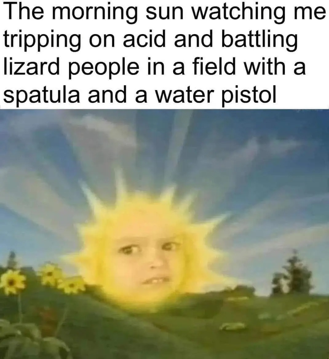 The morning sun watching me tripping on acid and battling lizard people in a field with a spatula and a water pistol