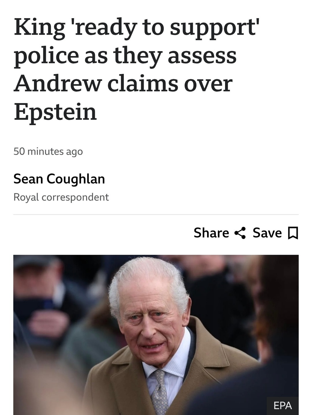 King 'ready to support' police as they assess Andrew claims over Epstein

50 minutes ago

Sean Coughlan
Royal correspondent

[Image: a man in a coat speaks to people around him]