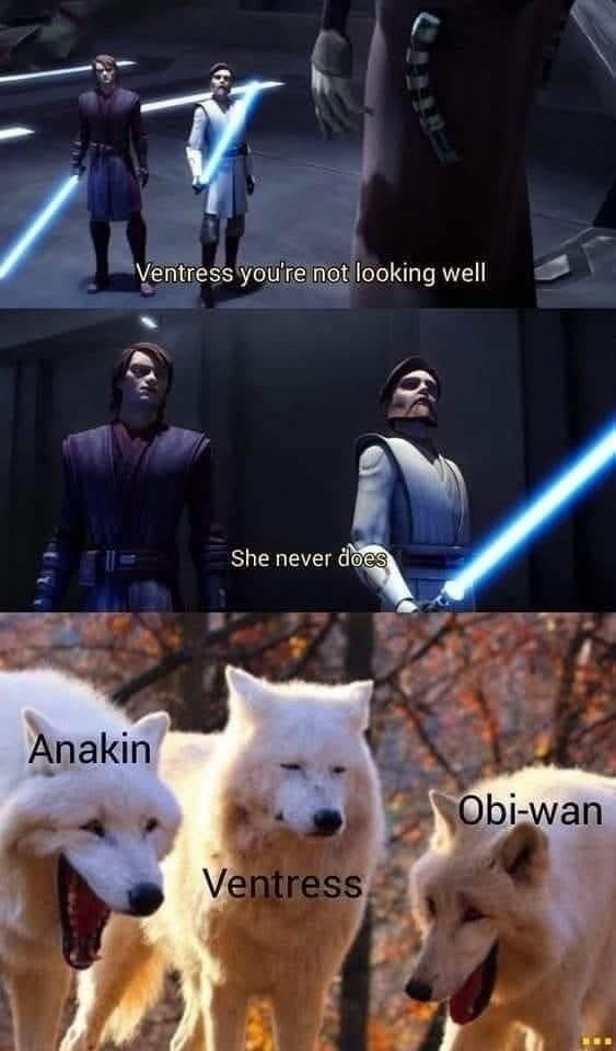 Ventress you're not looking well
She never does
Anakin
Ventress
Obi-wan