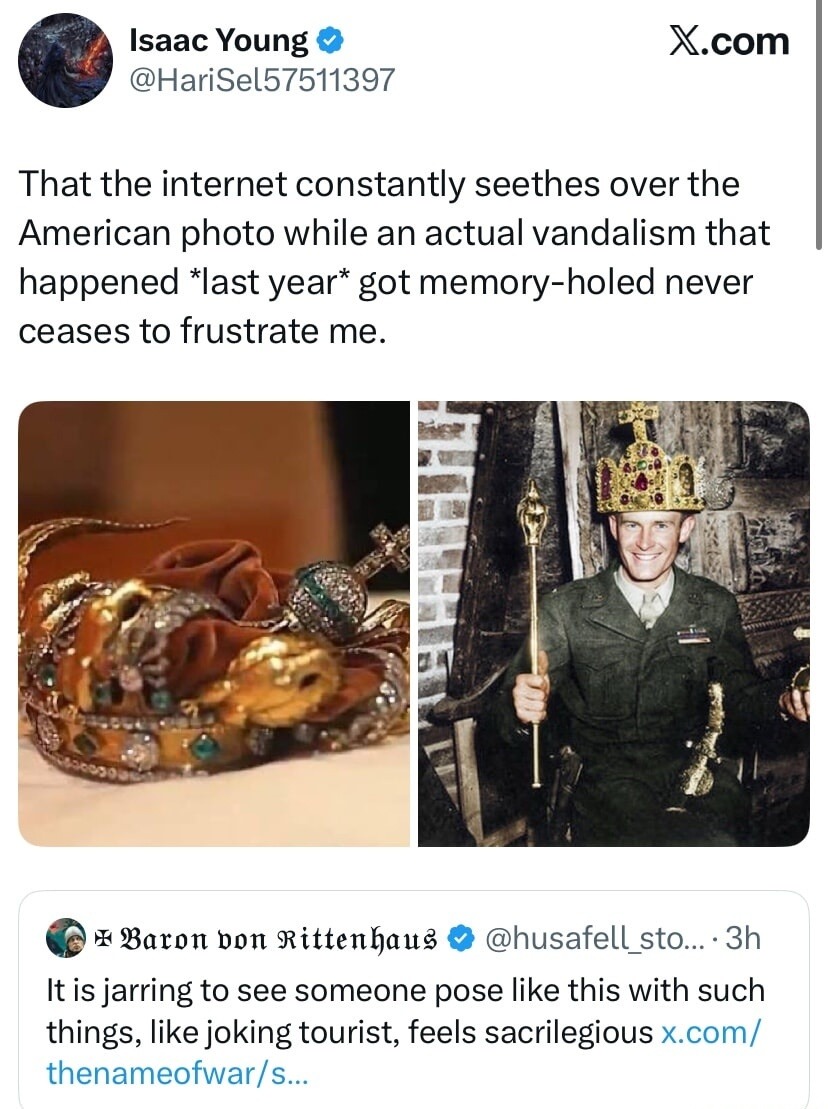 That the internet constantly seethes over the American photo while an actual vandalism that happened *last year* got memory-holed never ceases to frustrate me.