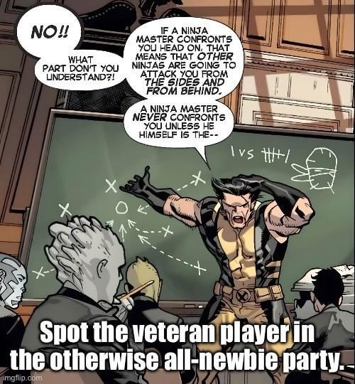 NO!!
WHAT PART DON'T YOU UNDERSTAND?!
IF A NINJA MASTER CONFRONTS YOU HEAD ON, THAT MEANS THAT OTHER NINJAS ARE GOING TO ATTACK YOU FROM THE SIDES AND FROM BEHIND.
A NINJA MASTER NEVER CONFRONTS YOU UNLESS HE HIMSELF IS THE--
Spot the veteran player in the otherwise all-newbie party.