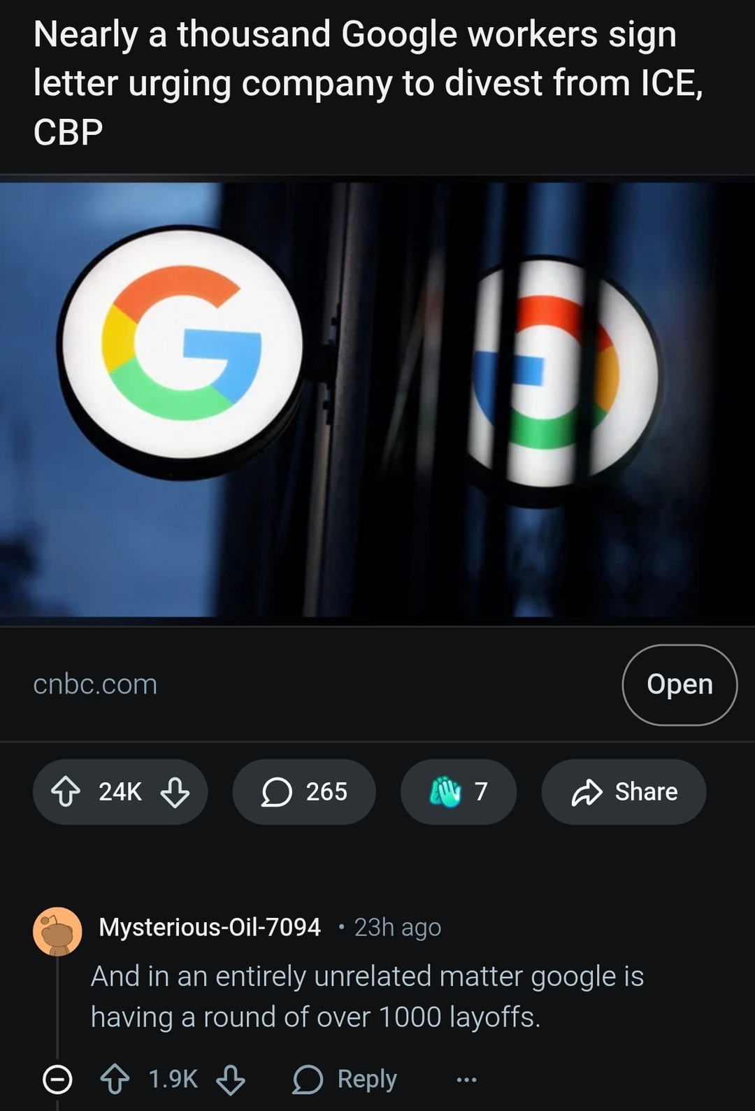 Nearly a thousand Google workers sign letter urging company to divest from ICE, CBP

[Image: Google logos]

Mysterious-Oil-7094 23h ago
And in an entirely unrelated matter google is having a round of over 1000 layoffs.