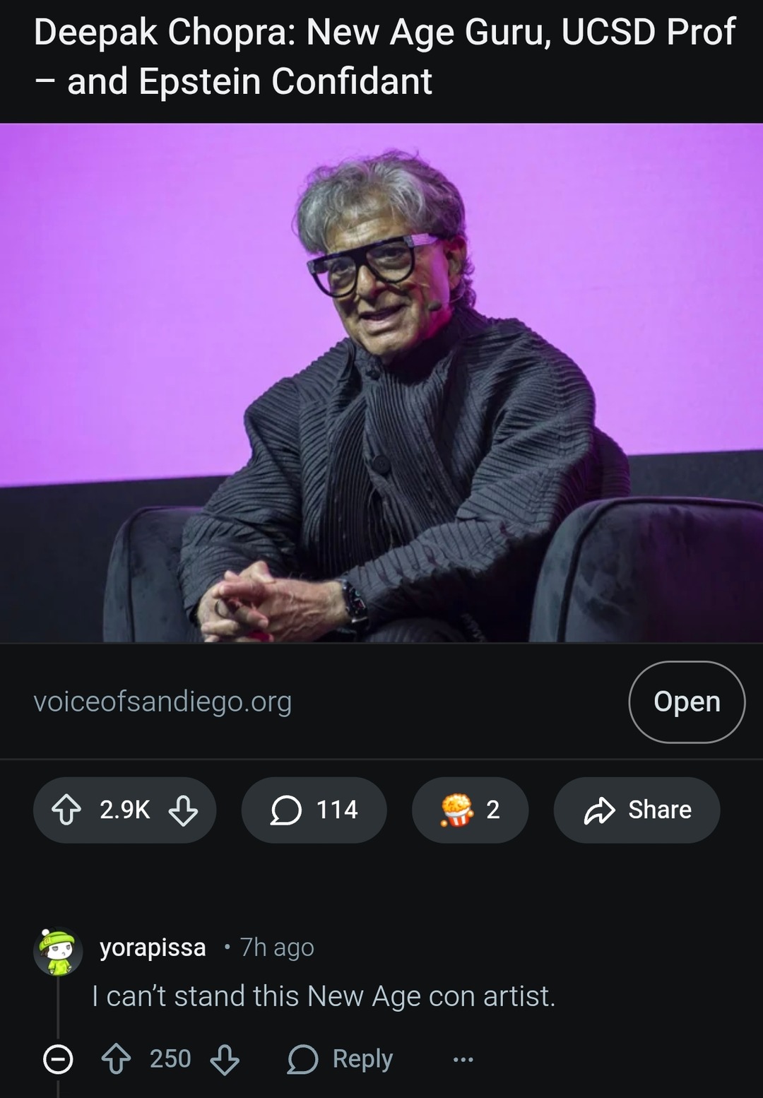 Deepak Chopra: New Age Guru, UCSD Prof – and Epstein Confidant

voiceofsandiego.org

Open

I can’t stand this New Age con artist.
