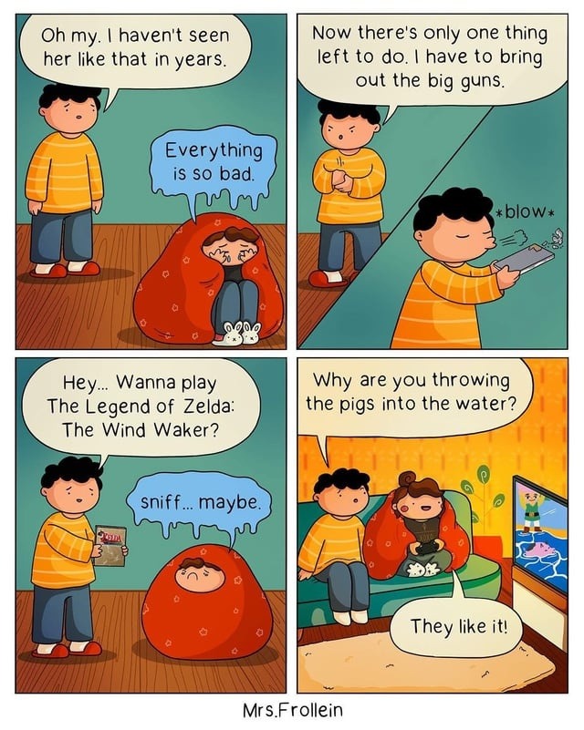 Oh my, I haven't seen her like that in years. Everything is so bad. Now there's only one thing left to do. I have to bring out the big guns. Hey... Wanna play The Legend of Zelda: The Wind Waker? sniff... maybe. Why are you throwing the pigs into the water? They like it!