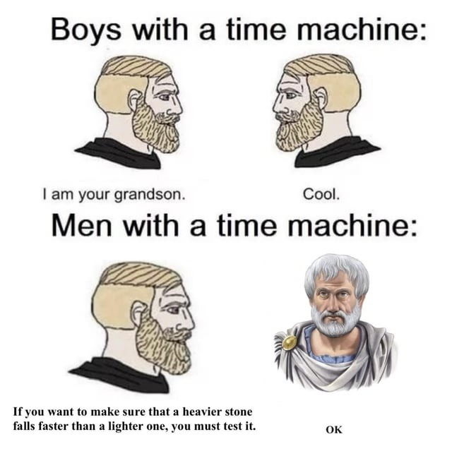 Boys with a time machine:
I am your grandson.  Cool.
Men with a time machine:
If you want to make sure that a heavier stone falls faster than a lighter one, you must test it.  OK