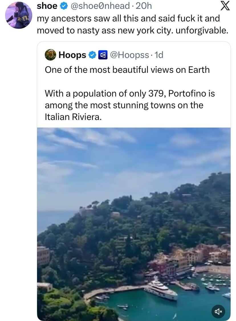 my ancestors saw all this and said fuck it and moved to nasty ass new york city. unforgivable. One of the most beautiful views on Earth With a population of only 379, Portofino is among the most stunning towns on the Italian Riviera.