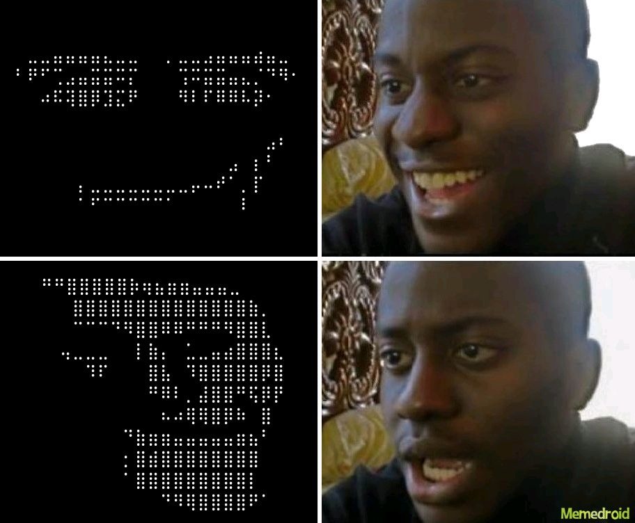 Meme con texto en puntos tipo braille y dos imágenes de un hombre sonriendo y luego sorprendido.