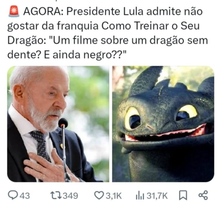 AGORA: Presidente Lula admite não gostar da franquia Como Treinar o Seu Dragão: 