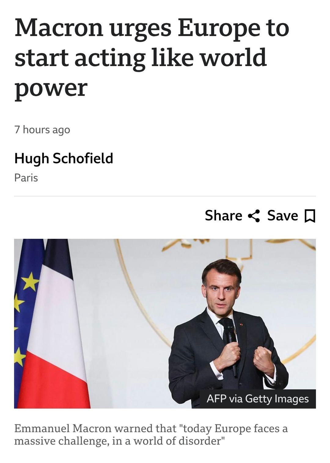 Macron urges Europe to start acting like world power
7 hours ago
Hugh Schofield
Paris

Emmanuel Macron warned that 