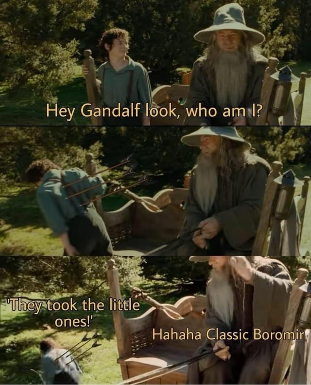 Hey Gandalf look, who am I? They took the little ones! Hahaha Classic Boromir