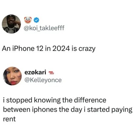 An iPhone 12 in 2024 is crazy

i stopped knowing the difference between iphones the day i started paying rent