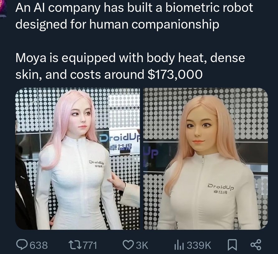 An AI company has built a biometric robot designed for human companionship
Moya is equipped with body heat, dense skin, and costs around $173,000