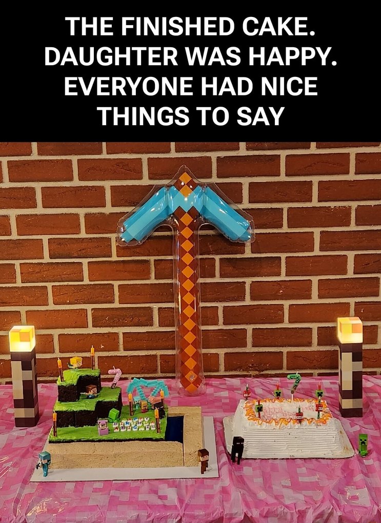 THE FINISHED CAKE. DAUGHTER WAS HAPPY. EVERYONE HAD NICE THINGS TO SAY