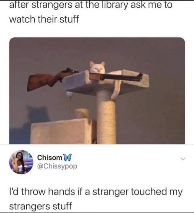 after strangers at the library ask me to watch their stuff
I’d throw hands if a stranger touched my strangers stuff