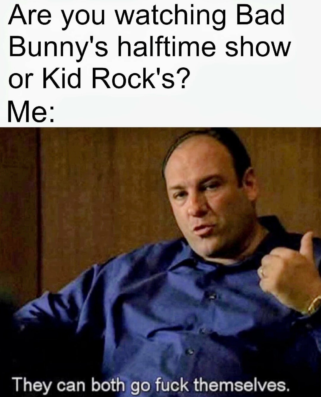 Are you watching Bad Bunny's halftime show or Kid Rock's? Me: They can both go fuck themselves.