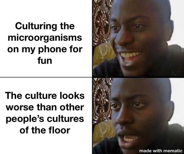 Culturing the microorganisms on my phone for fun
The culture looks worse than other people’s cultures of the floor