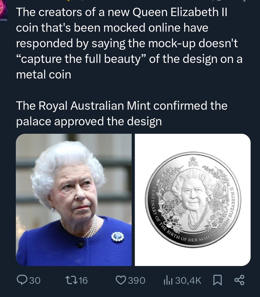 The creators of a new Queen Elizabeth II coin that's been mocked online have responded by saying the mock-up doesn't “capture the full beauty” of the design on a metal coin

The Royal Australian Mint confirmed the palace approved the design