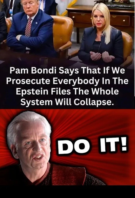 Pam Bondi Says That If We Prosecute Everybody In The Epstein Files The Whole System Will Collapse. DO IT!