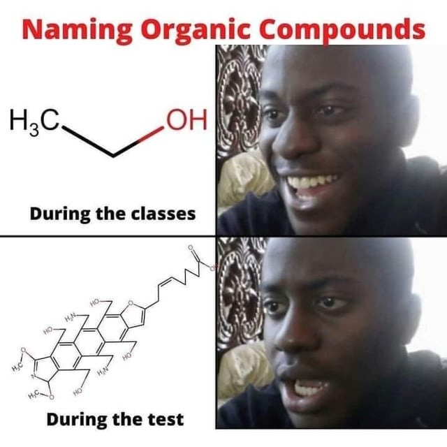 Naming Organic Compounds
During the classes
H3C-CH2-OH
During the test
[complex molecular structure image]