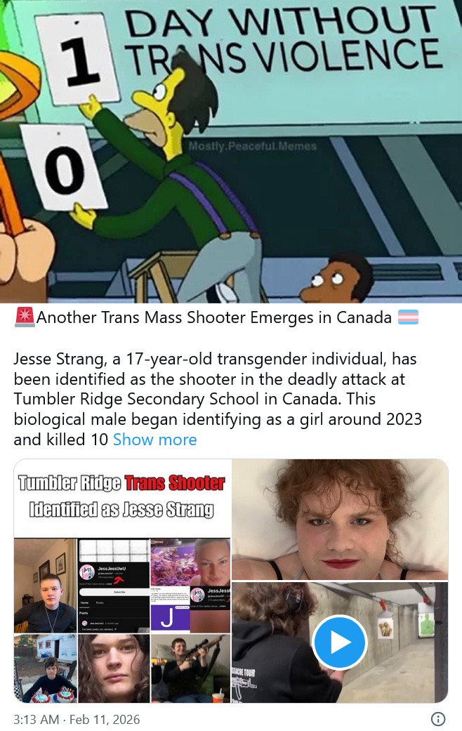 DAY WITHOUT TRANS VIOLENCE Another Trans Mass Shooter Emerges in Canada Jesse Strang, a 17-year-old transgender individual, has been identified as the shooter in the deadly attack at Tumbler Ridge Secondary School in Canada. This biological male began identifying as a girl around 2023 and killed 10
