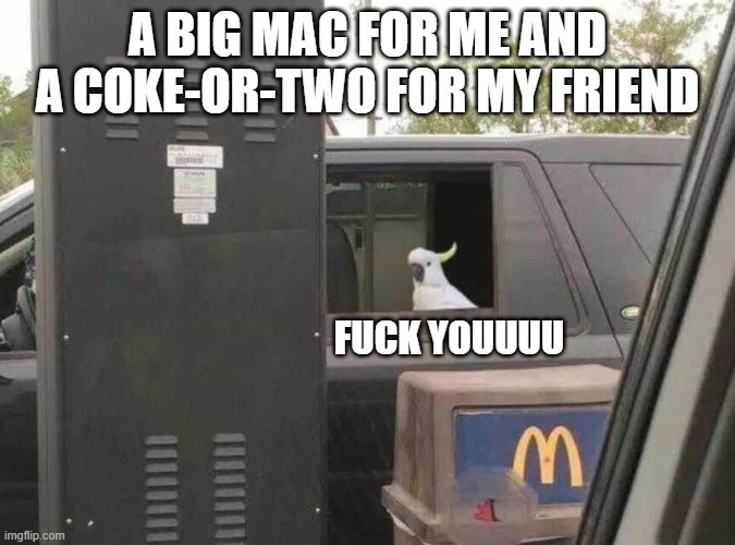A BIG MAC FOR ME AND A COKE-OR-TWO FOR MY FRIEND
FUCK YOUUUU