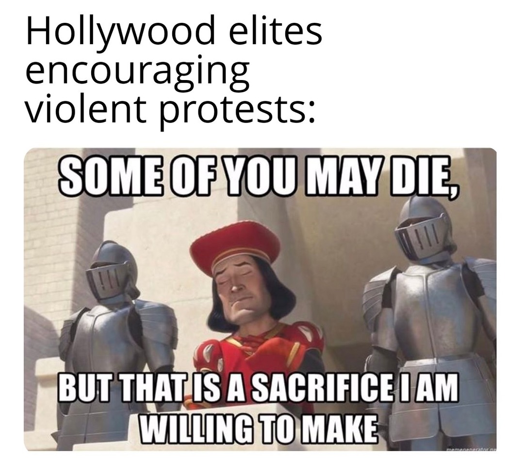 Hollywood elites encouraging violent protests:

SOME OF YOU MAY DIE, BUT THAT IS A SACRIFICE I AM WILLING TO MAKE