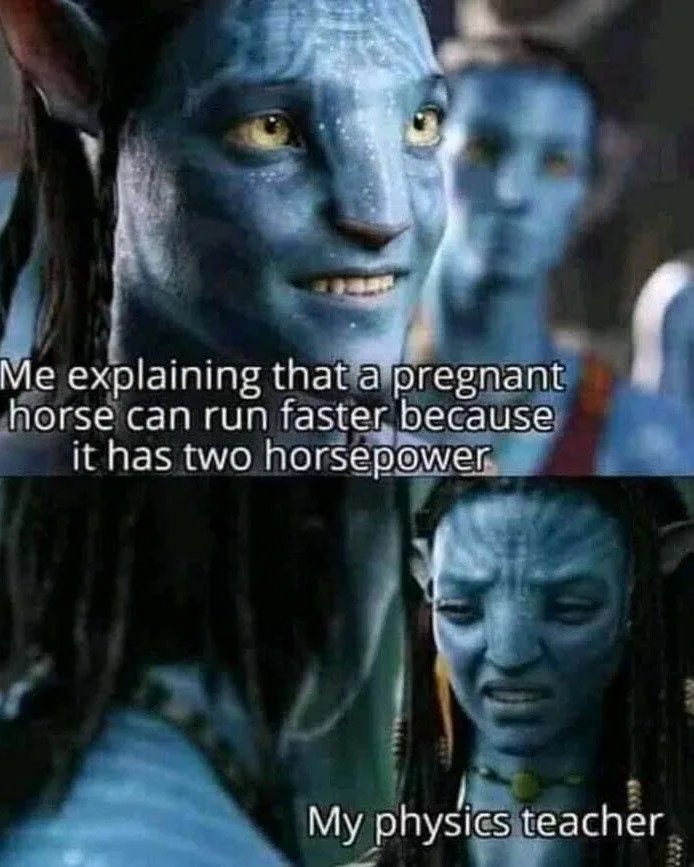 Me explaining that a pregnant horse can run faster because it has two horsepower\nMy physics teacher