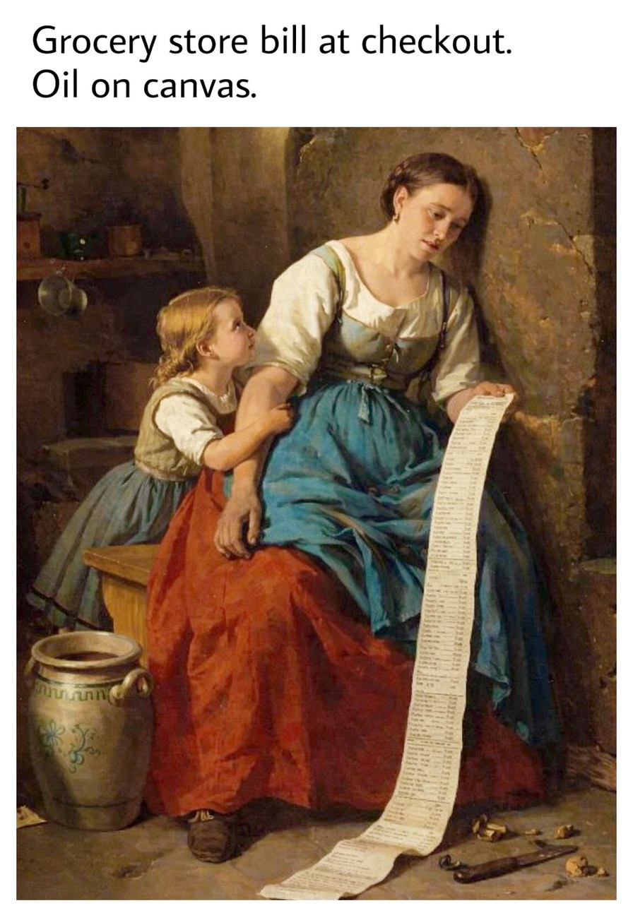 Grocery store bill at checkout. Oil on canvas.