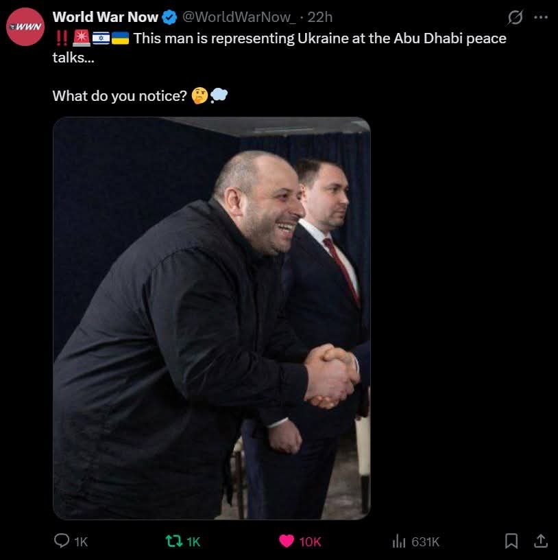 This man is representing Ukraine at the Abu Dhabi peace talks... What do you notice?