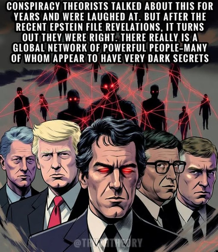 CONSPIRACY THEORISTS TALKED ABOUT THIS FOR YEARS AND WERE LAUGHED AT. BUT AFTER THE RECENT EPSTEIN FILE REVELATIONS, IT TURNS OUT THEY WERE RIGHT. THERE REALLY IS A GLOBAL NETWORK OF POWERFUL PEOPLE-MANY OF WHOM APPEAR TO HAVE VERY DARK SECRETS