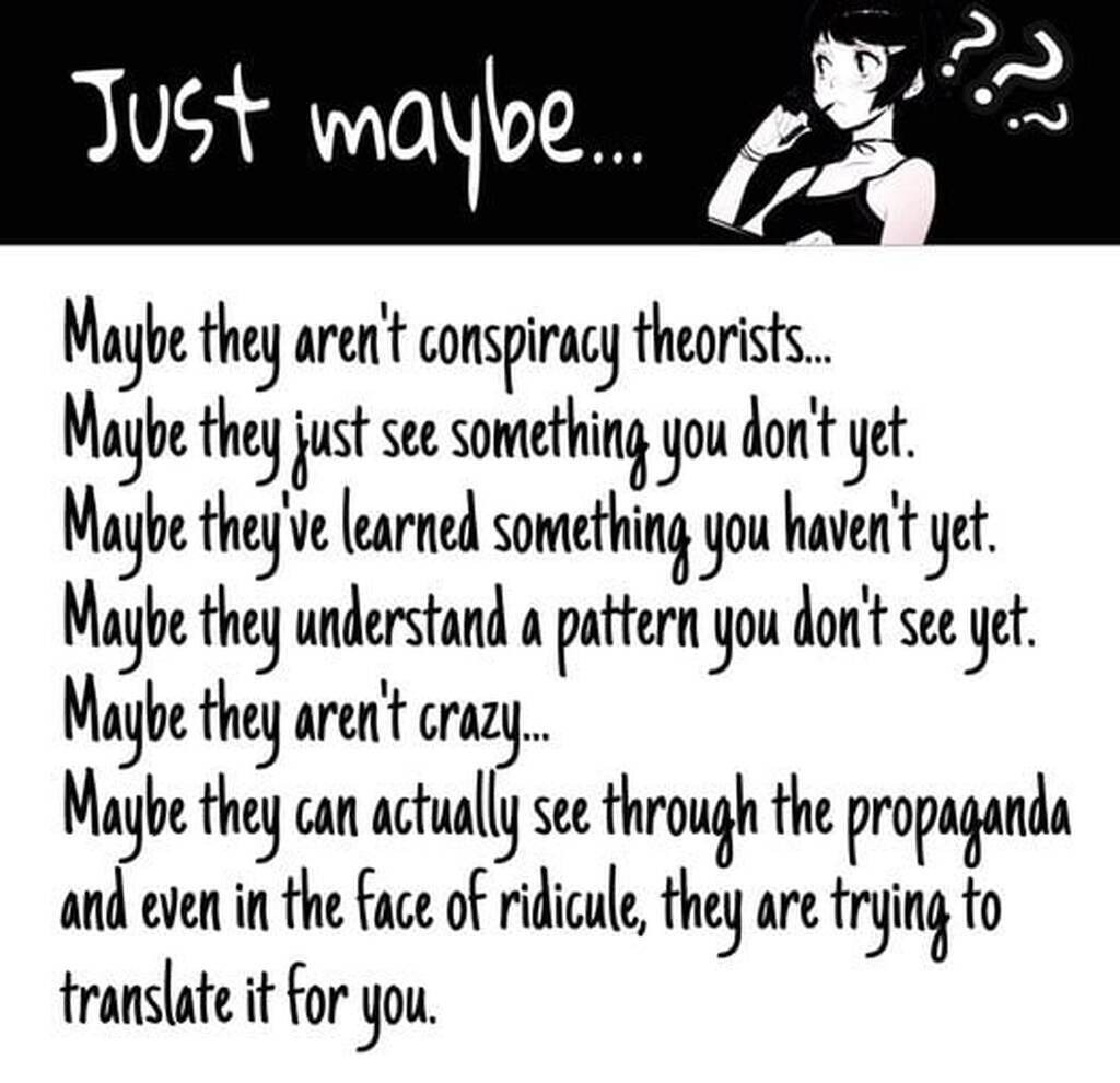 Just maybe...
Maybe they aren't conspiracy theorists...
Maybe they just see something you don't yet.
Maybe they've learned something you haven't yet.
Maybe they understand a pattern you don't see yet.
Maybe they aren't crazy...
Maybe they can actually see through the propaganda and even in the face of ridicule, they are trying to translate it for y