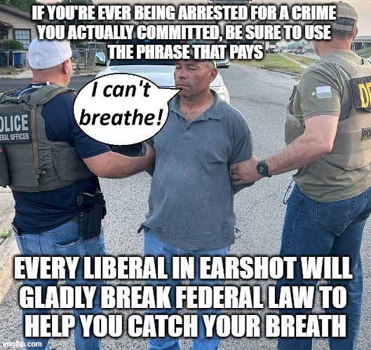 IF YOU'RE EVER BEING ARRESTED FOR A CRIME YOU ACTUALLY COMMITTED, BE SURE TO USE THE PHRASE THAT PAYS
I can't breathe!
EVERY LIBERAL IN EARSHOT WILL GLADLY BREAK FEDERAL LAW TO HELP YOU CATCH YOUR BREATH