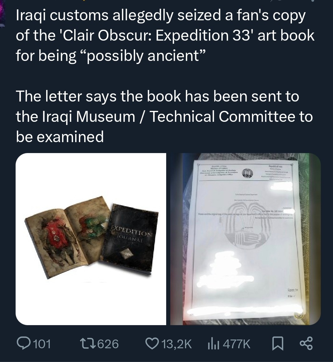 Iraqi customs allegedly seized a fan's copy of the 'Clair Obscur: Expedition 33' art book for being “possibly ancient”. The letter says the book has been sent to the Iraqi Museum / Technical Committee to be examined.